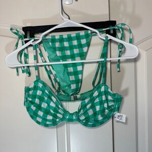 Princess Polly Bikini Set Womens 4 Green Gingham Underwire Side Tie 2 Piece
